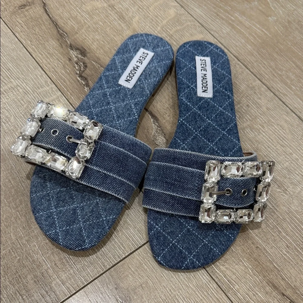Steve Madden Denim Sandals with Embellished Buckle - Picture 1 of 4